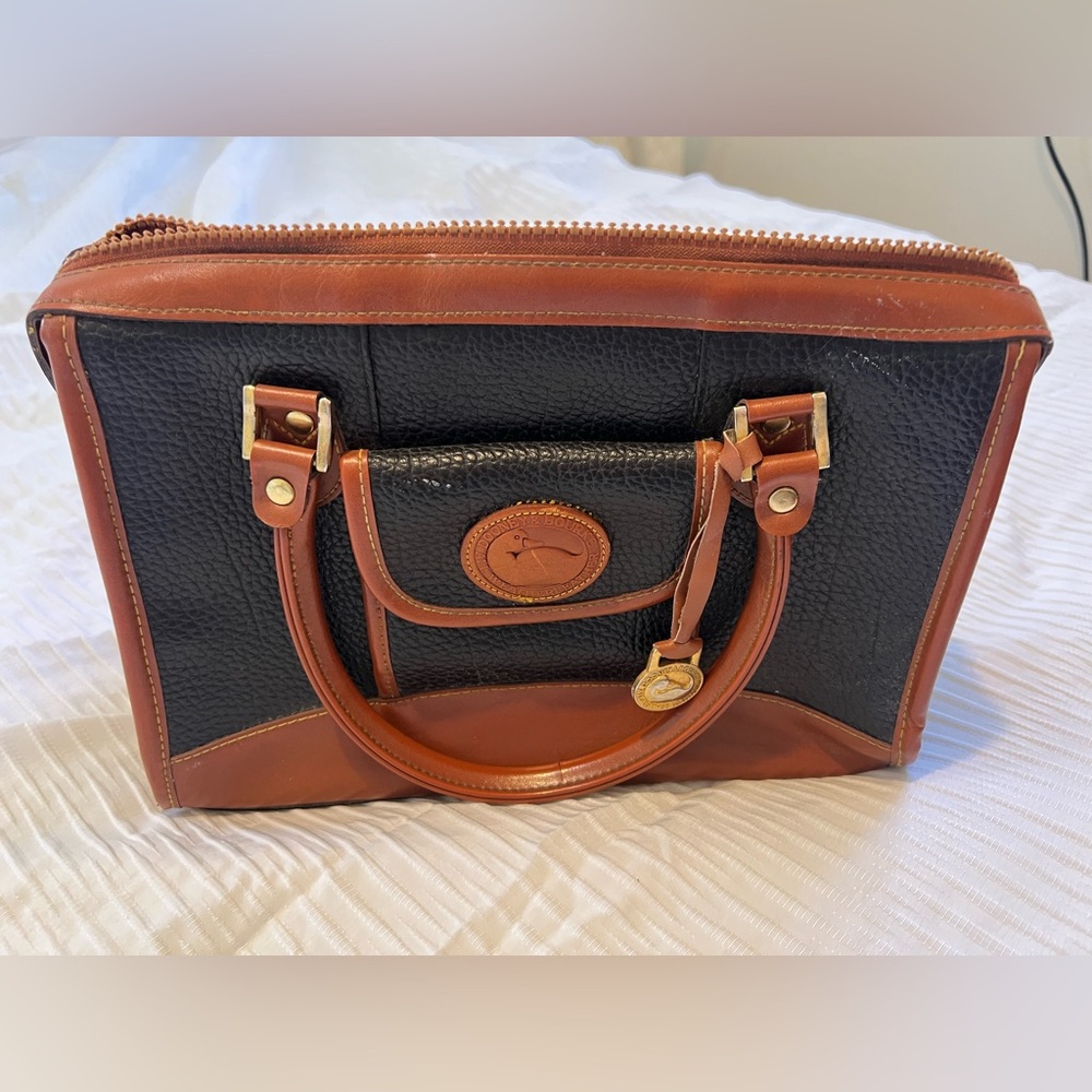 Dooney & Bourke Black Pebbled Leather Satchel with Brown Trim